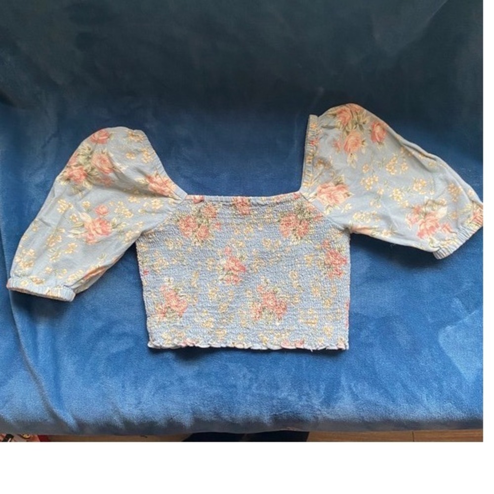 American Eagle XS Petite Top Shirt Cropped Floral Ruched Puff Sleeve Cottagecore